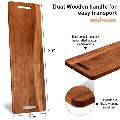 Bokon 2 Pcs Acacia Wooden Charcuterie Boards Acacia Serving Board with Handle Rectangular Hollow Handle Wood Tray Wooden Serving Platter Wood Server for Cheese Food (36 x 12 Inch )