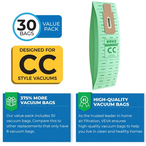 30 Pack Type CC Vacuum Bags for Oreck XL, XL5, XL7, XL21, 2000, 3000, 4000, 7000, 8000, 9000 Upright Vacuum Cleaner, Hypo-Allergenic Bags