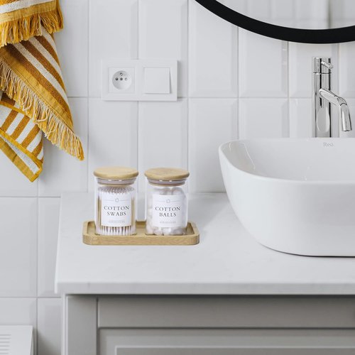 INIUNIK Qtip Holder - 2 Pack Glass Apothecary Jars with Lids for Bathroom Organization | Cotton Ball & Swab Storage