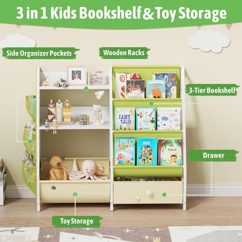 Kids Bookshelf and Toy Organizer, 3 Tier Sling Book Shelf with Movable Bins, Toddler Montessori Bookcase for Kids Rooms, Playroom Storage Book Shelves for Nursery,Classroom, Kindergarten, Green