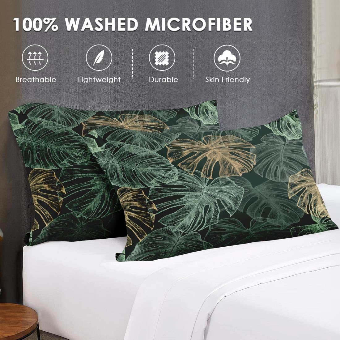 WeCozy Queen Size Bed Sheet Sets with Pillowcases, Green Golden Tropical 4 Pcs Soft Microfiber Bedding for Kids and Adults, Leaves Monstera Palm Flat, Fitted Sheet for Bedroom Bed Decor