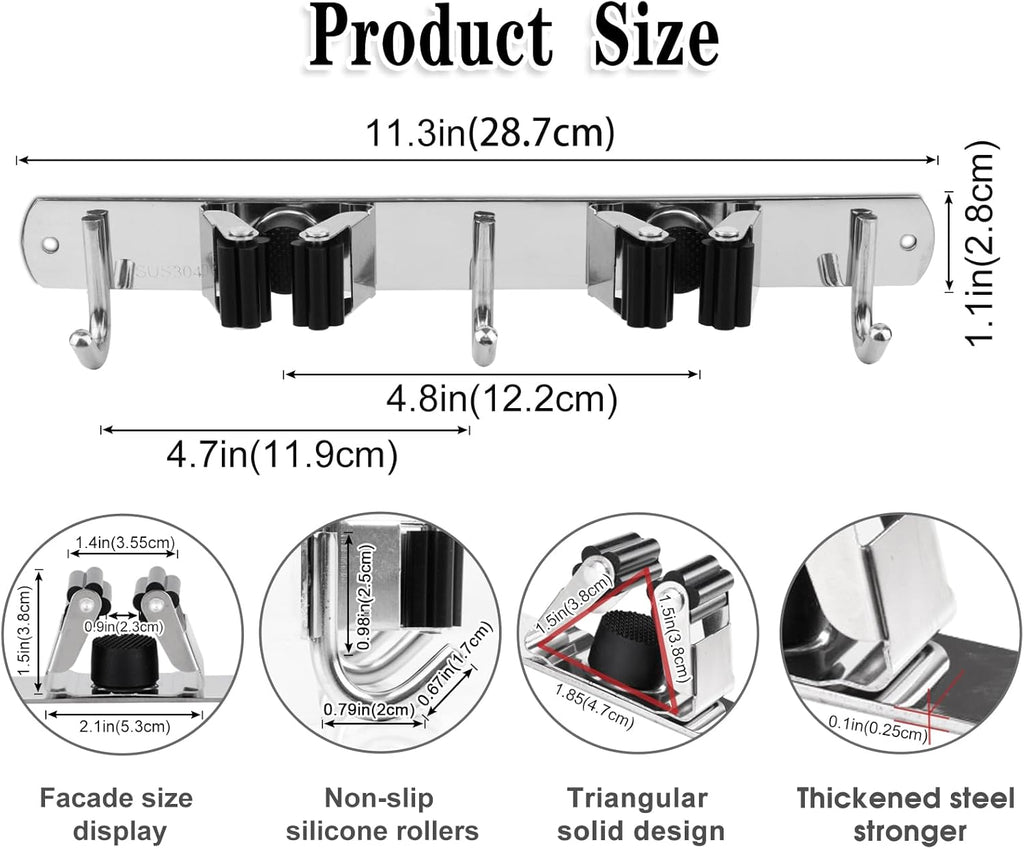Skiennix Wall-Mounted Broom and Mop Holder - Heavy-Duty Stainless Steel Organizer with 2 Racks & 3 Hooks