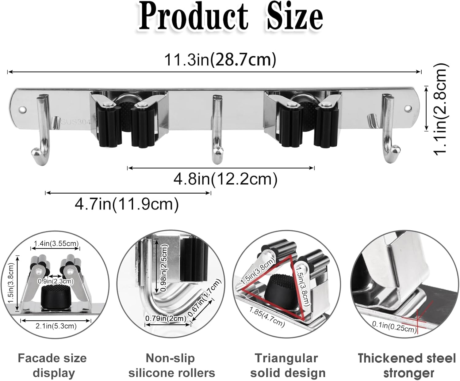 Skiennix Wall-Mounted Broom and Mop Holder - Heavy-Duty Stainless Steel Organizer with 2 Racks & 3 Hooks
