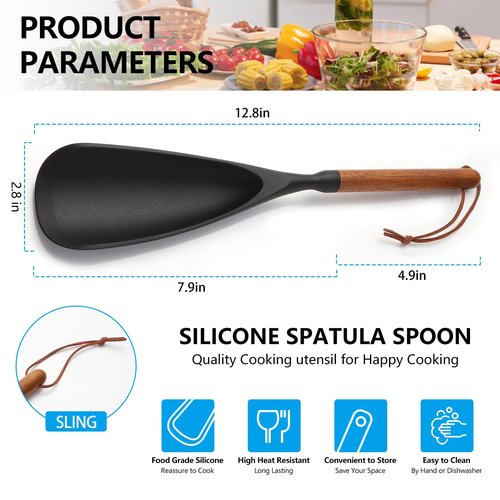 Multifunction Silicone Spatula Spoon - Premium Kitchen Utensil Set for Cooking, Baking, and Serving，Silicone Ladle and Spatula for Non-Stick Cookware，Wood Handle Spoon (Black 1-Pack)