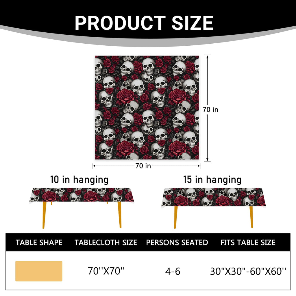 Livcoz Halloween Gothic Skull Rose Square Tablecloth 70 x 70 Inches, Horror Skeleton Red Flowers Decorative Dining Table Cloth, Scary Creepy Floral Dinner Tablecover Picnic Party Decoration