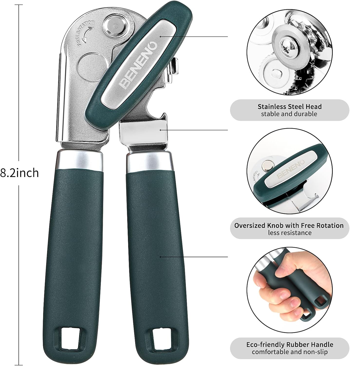 Beneno Manual Can Opener - Heavy Duty Carbon Steel Blade with Magnet & Soft Grip Handle | Green