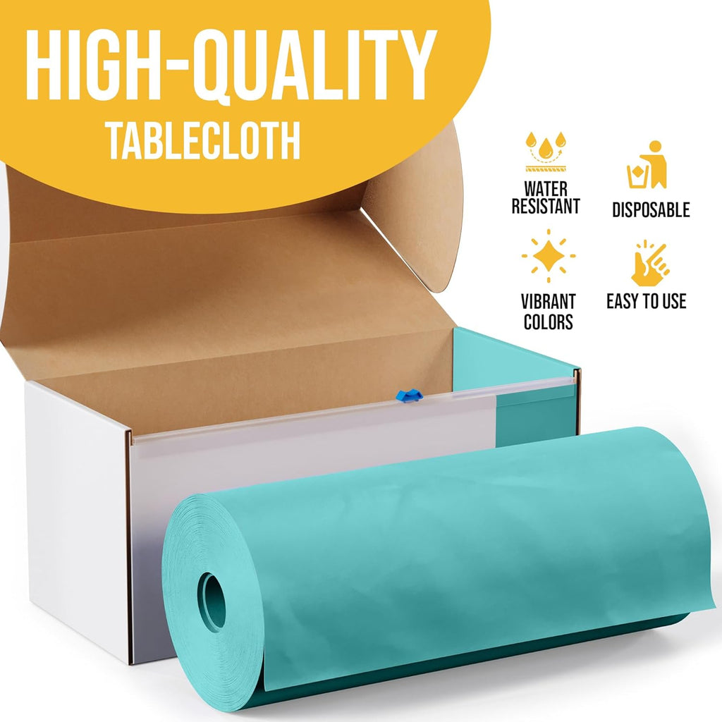 Party Solids Aqua Plastic Table Cover Roll - 54 Inch x 300 Feet with Slide Cutter for Easy Cutting