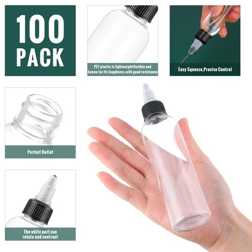 Irenare 150 Pcs 4 oz Plastic Squeeze Bottles Bulk Hair Oil Applicator Bottles Boston Empty Squeeze Condiment Bottle with Twist Top Cap Leak Proof for Liquids Oils Art Crafts Household Kitchen (Clear)
