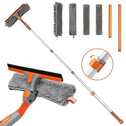 Eazer 2-in-1 Window Cleaner Tool, 64'' Window Squeegee for Home, Window Cleaning Squeegee Kit with Telescopic Pole, Window Washing Kit with Rotatable Bendable Head(Threaded + Telescopic)