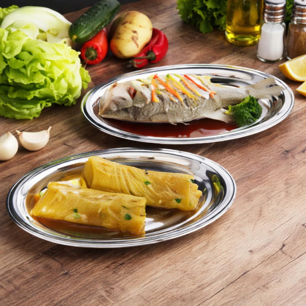 Chandler Stainless Steel Serving Tray 14 Inches | platters and trays for parties, Premium Oval Silver Platter for Serving Food, Party Trays, Turkey Platter