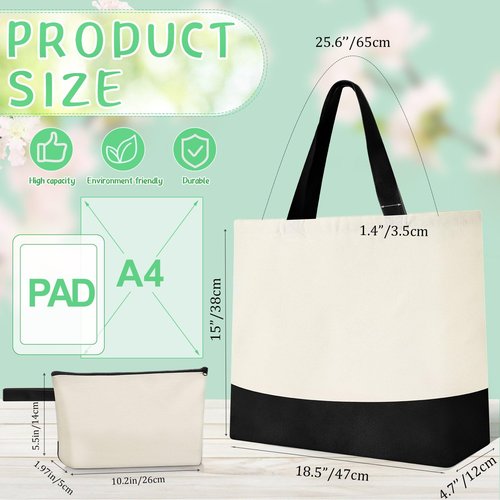 Sanwuta 24 Pcs Canvas Tote Bags Bulk with Zipper Cosmetic Bags 18.5" Cotton Canvas Bag with Handles Reusable Shopping Bags(Beige and Black)