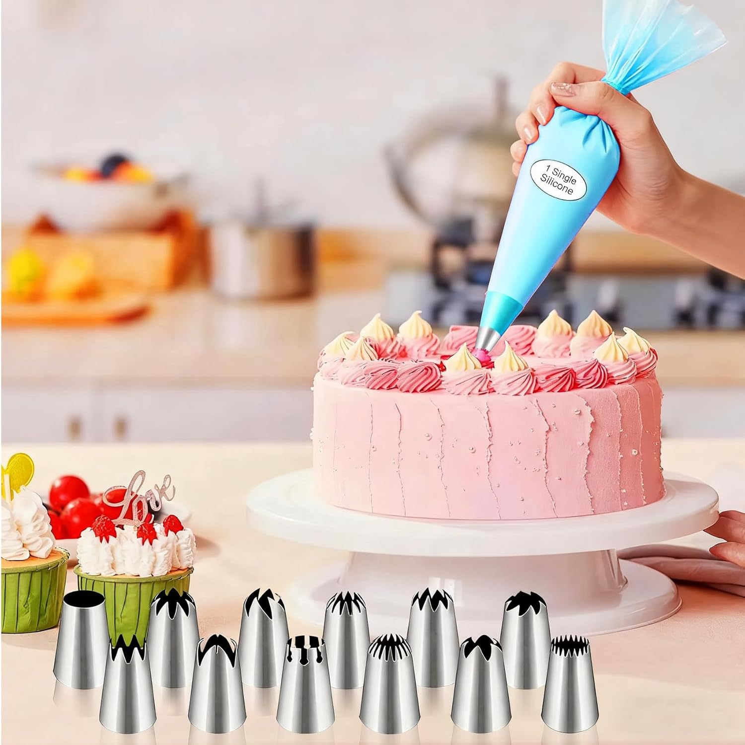 Skiennix Large Piping Tips Set - 14-Piece Reusable Stainless Steel Icing Nozzles for Cake Decorating