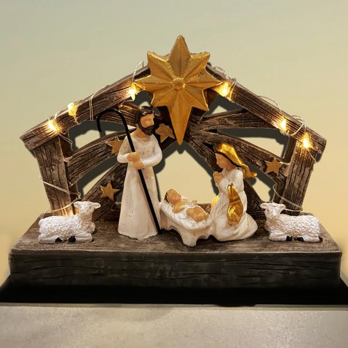 sopuatsre Nativity Scene with Lights, Sculpted Hand Painted Nativity Sets Resin Figure, First Christmas Story Decoration Holy Family Manger Little People Nativity Set for Indoor Mantle Shelf Tabletop