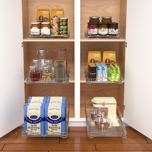 DINDON 1 Tier Pull Out Cabinet Organizer (11" W x 21" D) Heavy-Duty Metal Sliding Drawer Shelf, Slide Out Wire Basket for Kitchen Cabinets, Pantry, Bathroom, Chrome Finish…