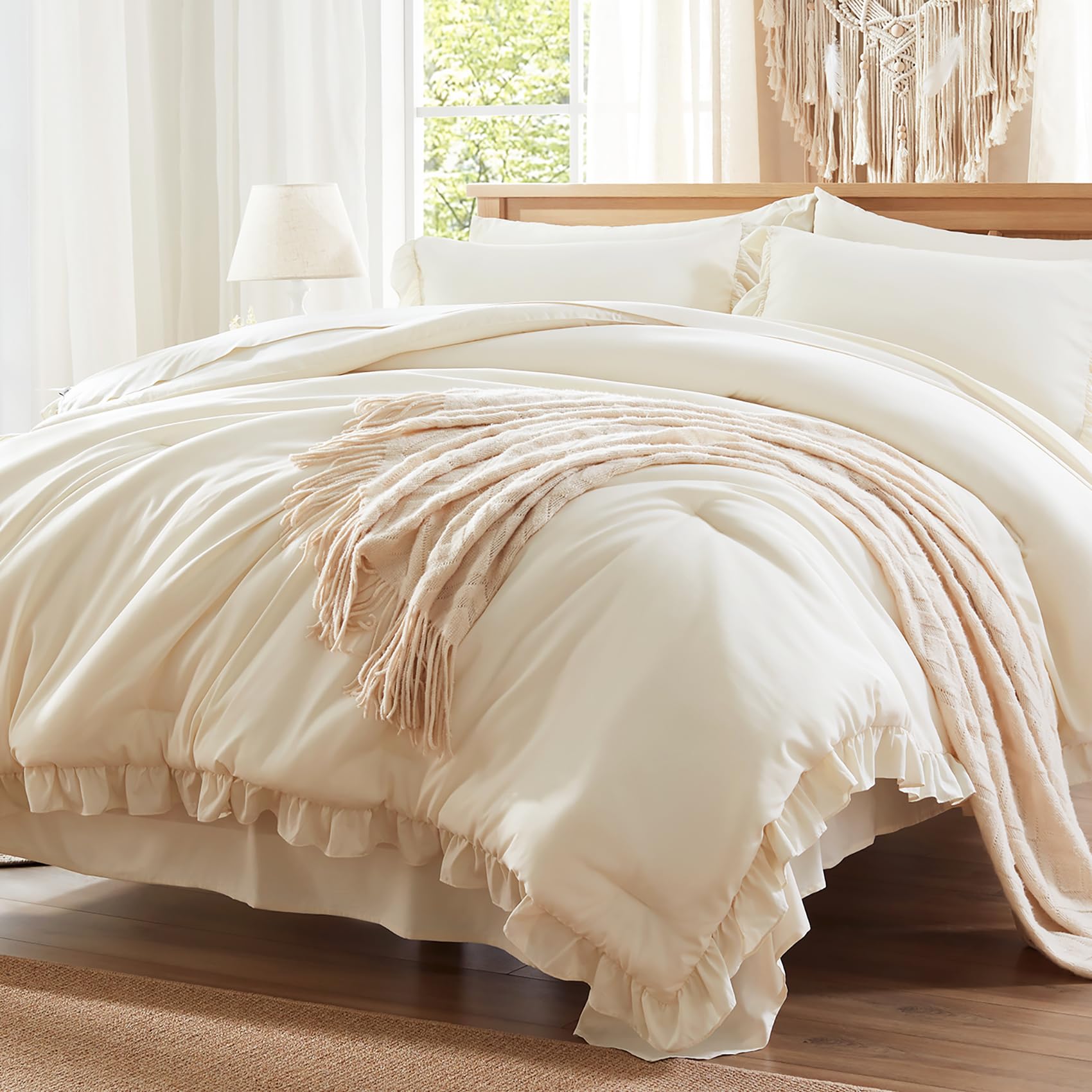 Anluoer King Comforter Set 7 Piece, Cream Bed in a Bag with Sheets, All Season Ruffle Shabby Chic Bedding Sets with 1 Comforter, 2 Pillow Shams, 2 Pillowcases, 1 Flat Sheet, 1 Fitted Sheet