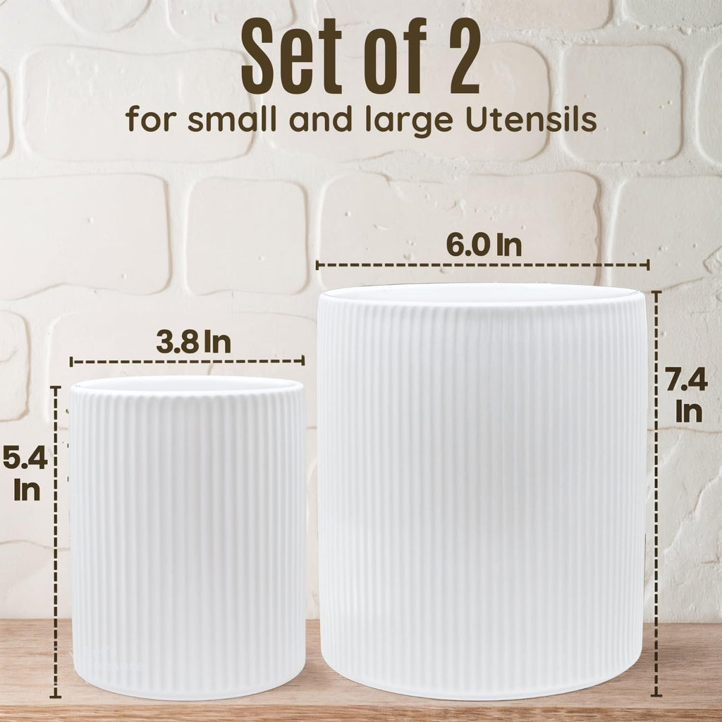 NURTURE KNOTS 2 Pack Ceramic Utensil Holder, 7.3"+5.4" Large kitchen utensils holder for Countertop, 360° Rotating Cooking Utensil Crock for Kitchen Counter with Detachable Wooden Base, Kitchen Décor
