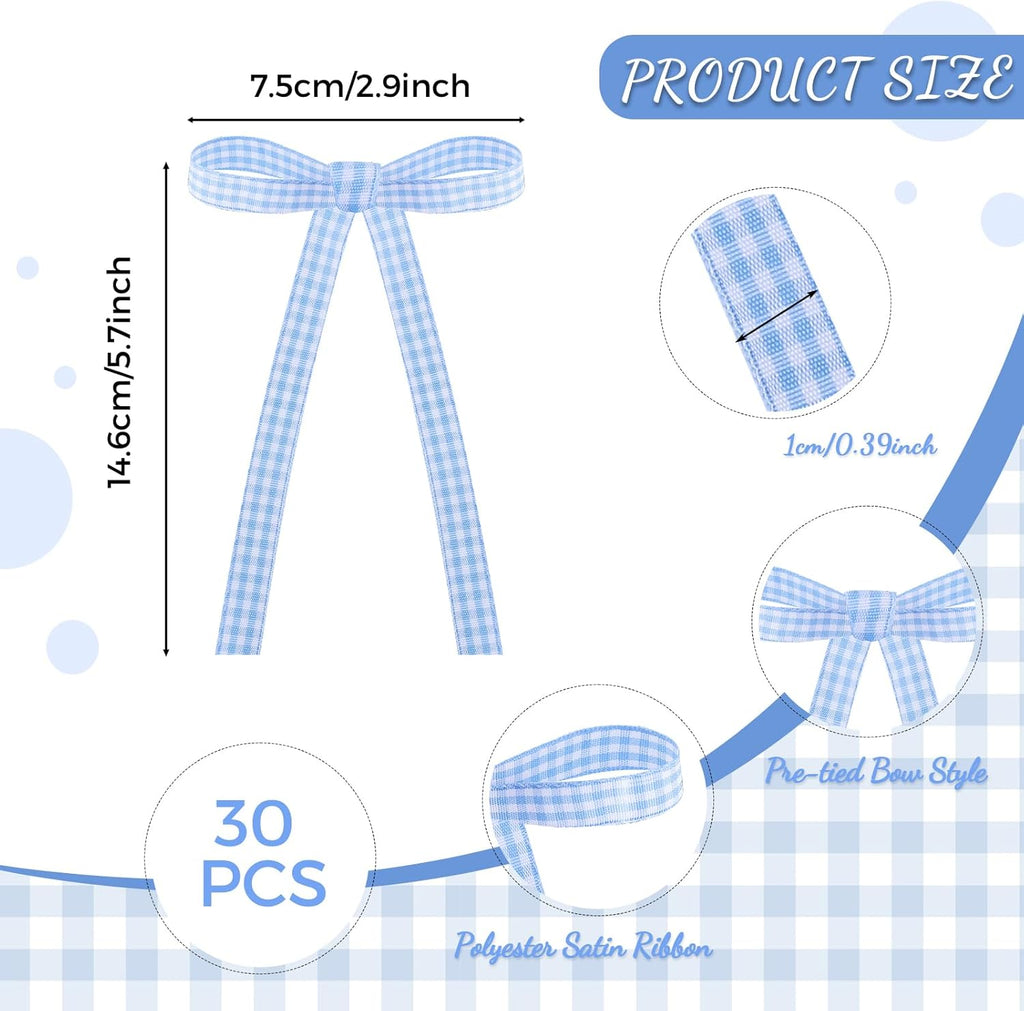 Skiennix 30 Pack Bow Cake Toppers - Blue Gingham Ribbons for Birthdays & Baby Showers