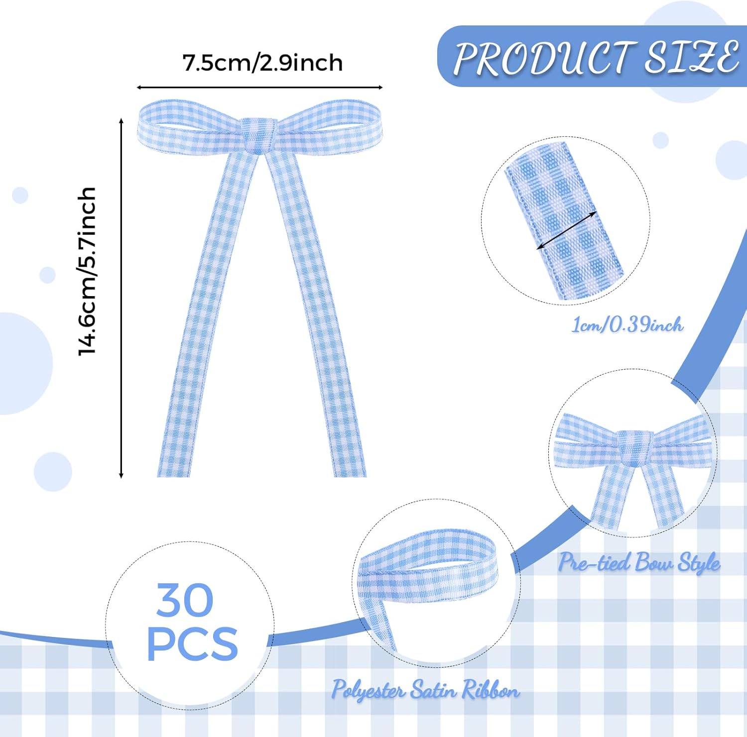 Skiennix 30 Pack Bow Cake Toppers - Blue Gingham Ribbons for Birthdays & Baby Showers