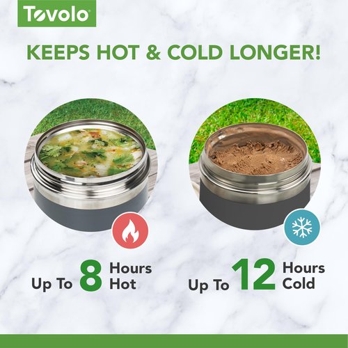 Tovolo Insulated Food Container 2 Quart Food Traveler Thermos for Hot Food and Cold Food Stainless Steel Double Wall Vacuum Insulated Spill Proof Airtight Lid Dishwasher Safe BPA Free Charcoal Gray