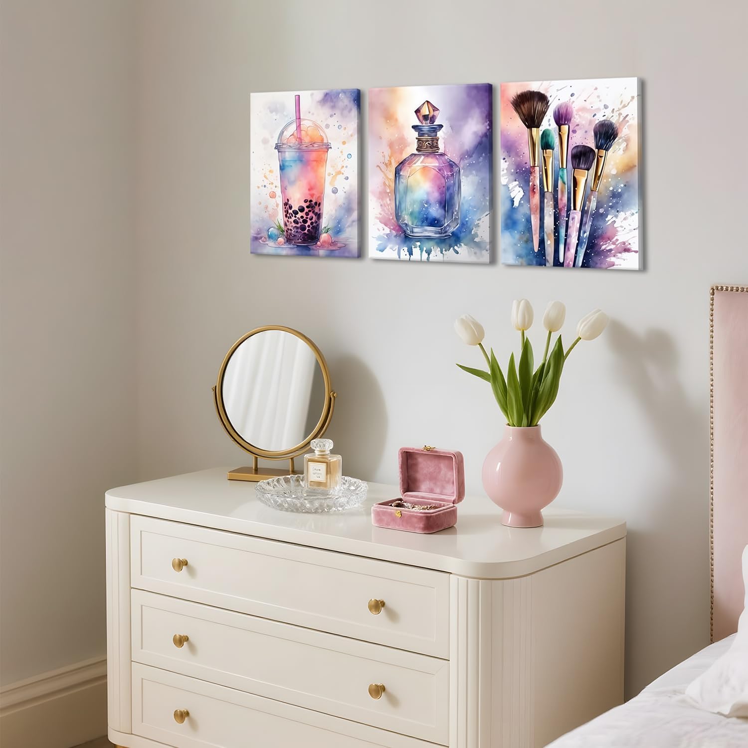 Skiennix Framed Wall Art Set | Colorful Fashion Makeup & Perfume Prints | 12x16 Inch Aesthetic Decor