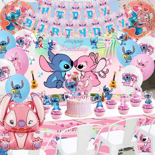 Pink Cartoon Theme Birthday Party Supplies Decorations, Including Birthday Banner, Tablecloth, Backdrop, Hanging Swirls, Balloons, Cake Toppers for kawaii Party