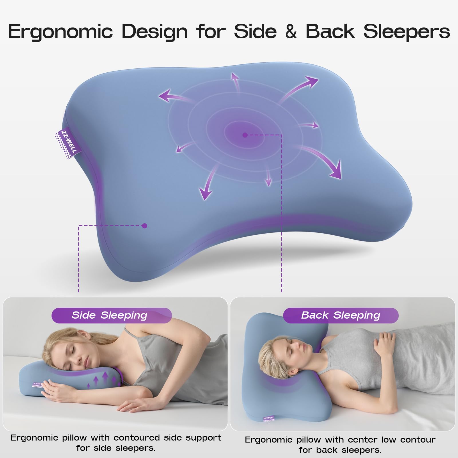 ZZ-WELL Side Sleeper Pillow - Patented Cervical Neck Pillow for Sleeping with Cooling Cover - High Loft Heavy Density Memory Foam Pillows for Side Sleepers & Broad Shoulders Adults (Blue)