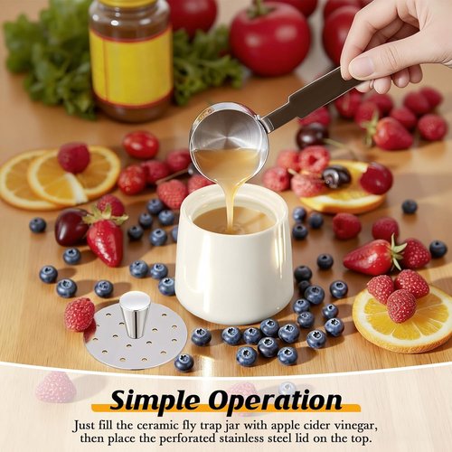 Ceramic Fruit Fly Trap - Reusable Indoor Kitchen Catcher with Stainless Steel Vent Lid | Safe Vinegar Bait (White, 1 Pack)