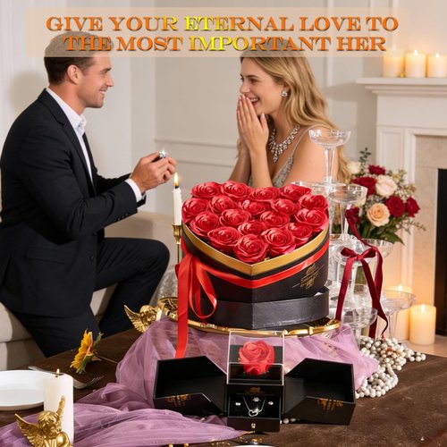 Gifts for Women Artificial Forever Flowers Box & Preserved Roses with Necklace Ring Earrings,Gifts for Her Girlfriend Mom Wife Grandma on Mothers Day Birthday Valentines Christmas Anniversary,Wedding
