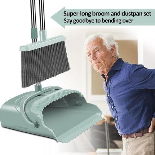 Kelamayi Upgrade Broom and Dustpan Set - Large Size with Long Handle for Indoor & Outdoor Use | Green