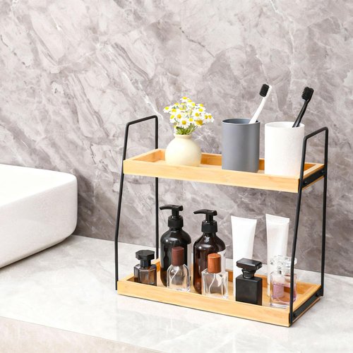 ZOBONETI Bamboo Bathroom Counter Organizer, Wooden Bathroom Sink Countertop Organizer, 2 Ties Vanity Counter Top Shelf, Dresser Skincare Storage Rack