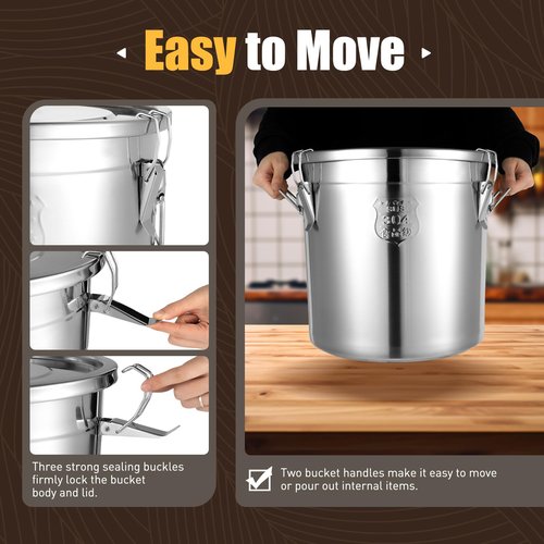CeRaBuRET 8.7Gal 304 Stainless Steel Airtight Canister for Kitchen, 28-60Lbs Rice Cereal Grain Canisters Container, Metal Kitchen Rice Oil Storage Bucket for Household Food w/Handles+Lid (Silver-33L)