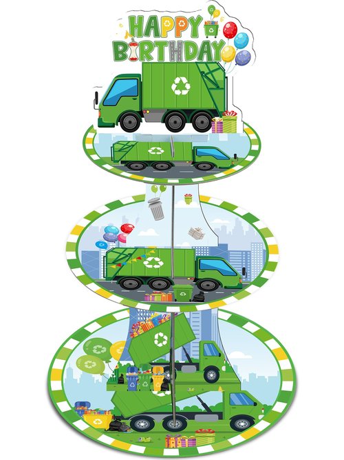 Keluna Trash Truck Birthday Decorations - 3 Tier Garbage Truck Cupcake Stand for Boys Birthday Party Table Decor, Trash Truck Party Supplies Dessert Cake Holder