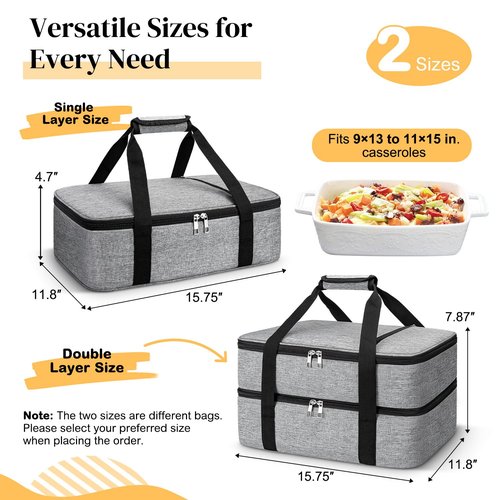 Coobiiya Insulated Casserole Carrier,Lasagna Lugger Tote Keeps Food Hot or Cold,Thermal Lunch Bag Warmer & Cooler Carrier Bag,Portable Tote Bag Fits 9" x 13" Baking Dish for Picnic and Cookouts- Grey
