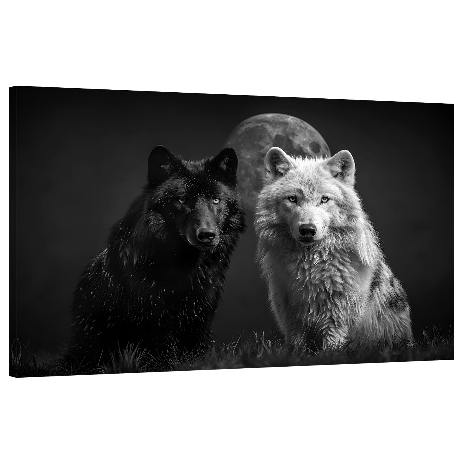 Large Black and White Wolf Wall Art Full Moon and Two Wolf Posters Prints Artwork Modern Wild Animal Pictures Wall Decor Living Room Bedroom Home Office Decor Framed Ready to Hang-28''Wx44''H