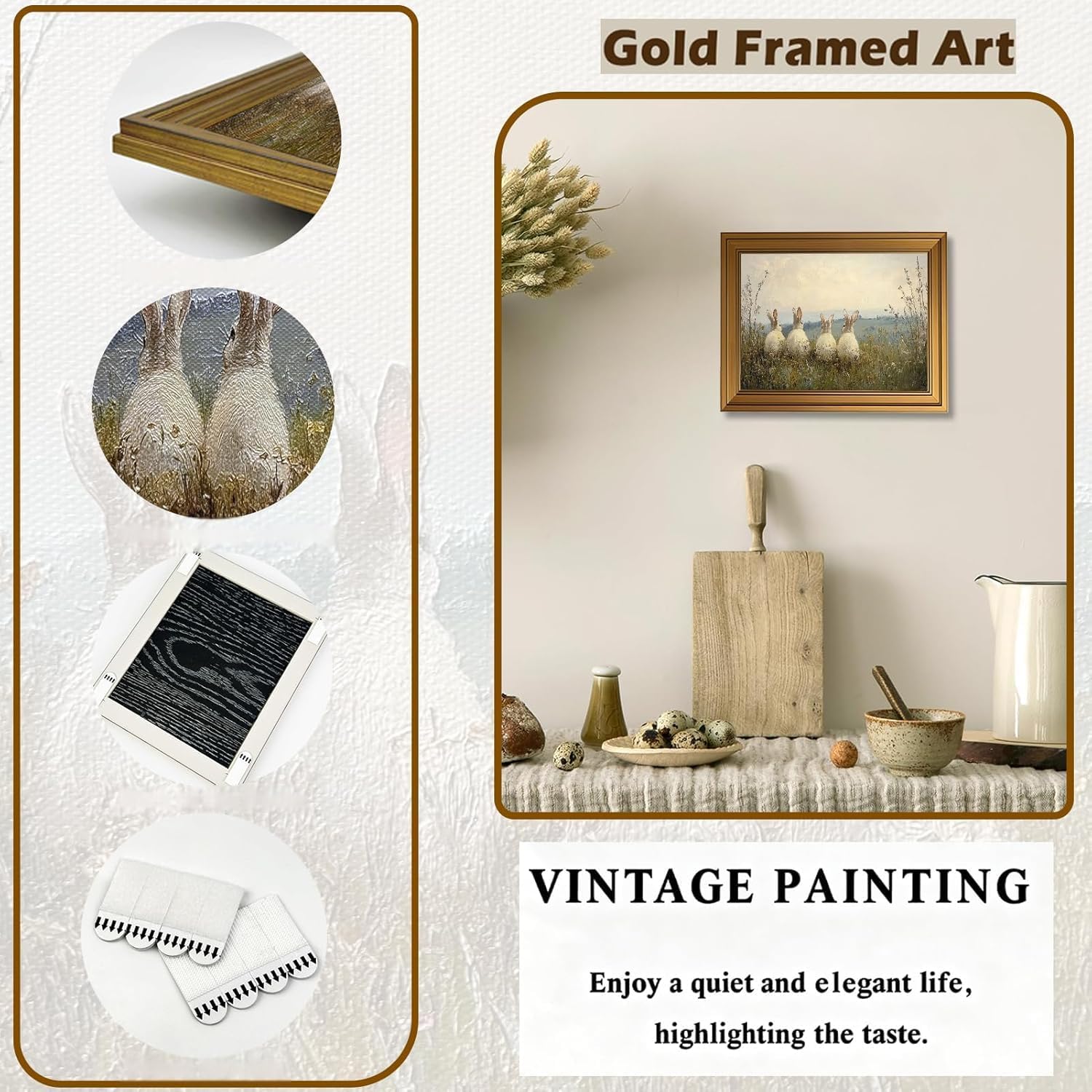Regine Switzerland Vintage Gold Framed 3D Textured Wall Art - Easter Rabbits in Meadow Oil Painting | 9x11in Cottagecore Decor