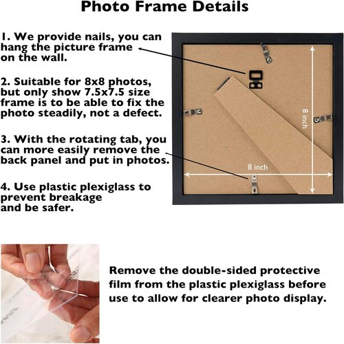 JCJMY 8x8 Black Picture Frame - Versatile Wall Hanging or Tabletop Display | Shatter-Resistant Plexiglass