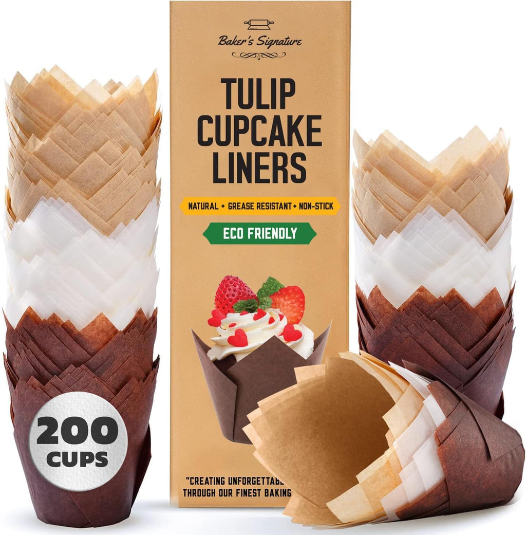 Baker’s Signature Tulip Cupcake Liners - 200 Pcs Greaseproof Muffin Baking Cups | Sturdy Beige & Brown