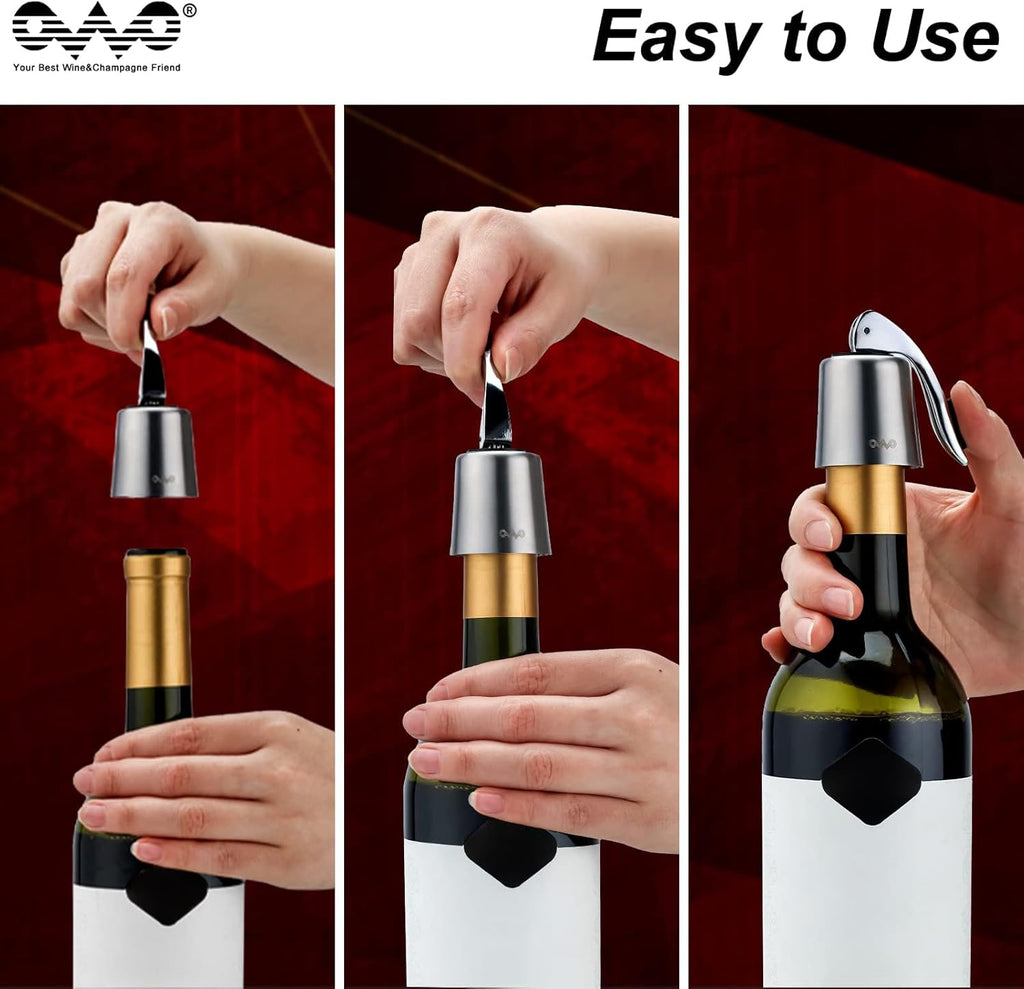 OWO Stainless Steel Wine Bottle Stopper, Reusable Wine Saver with Silicone Seal, Decorative Bottle Sealer, Keeps Fresh (Silver, 2 Pack)