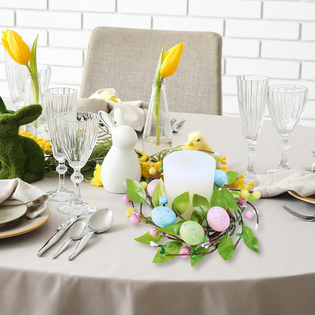 Winlyn Easter Egg Candle Rings - 4 Pcs Spring Wreaths with Pastel Eggs & Foliage | 11" Holiday Decor
