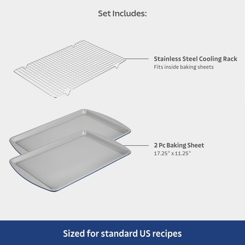 Tramontina Rise 3-Piece Ceramic Baking Pans Set, Non stick Cookie Sheets for Baking with Cooling Rack, Aluminized Steel, Dishwasher-Safe