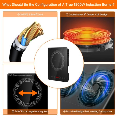 Portable Induction Cooktop Burner, 1800W, Induction Hot Plate with LCD Sensor, Electric Cooktop, Large 8” Heating Coil, 4 Hours Timer
