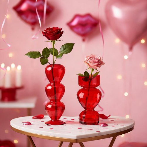 Acellegic 2 Pcs Valentine's Day Red Glass Bud Vase Table Centerpiece Red Heart Transparent Glass Vase Valentines Home Indoor Decor Table Decor for Proposal Valentine Gifts Mothers Day Bridal Shower