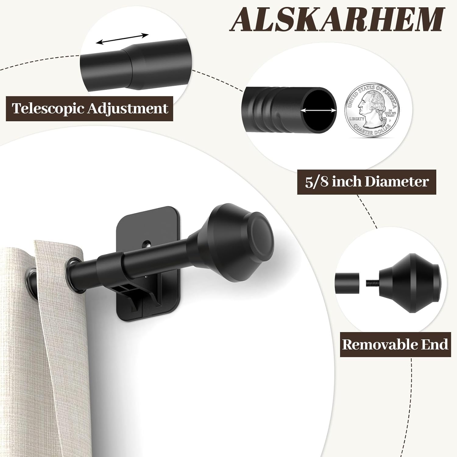 Skiennix No-Drill Curtain Rod - Adjustable 36-48 Inch Black Telescoping Design | Renter-Friendly Solution