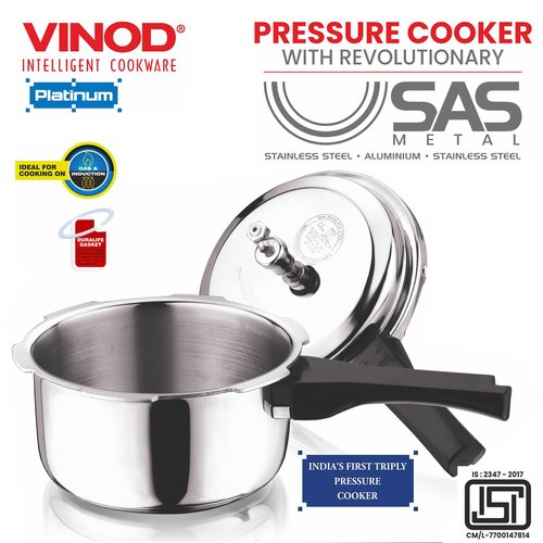 Vinod Platinum Triply Stainless Steel Outer Lid Pressure Cooker102 oz Capacity - ISI Certified, Silver, Induction Friendly, Pressure Cooker for Home Cooking