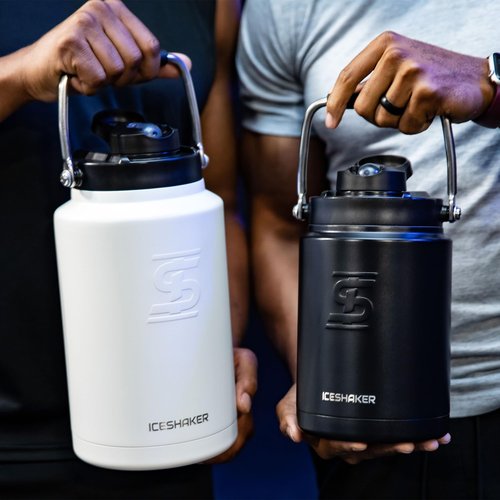 Ice Shaker Insulated Stainless Steel Half Gallon Water Jug | 64 oz, Black | Stays Cold for 60+ Hours | Multi-purpose lid | Odor-Free Outdoor Water Jug for Sports, Camping, Hiking, Working Out