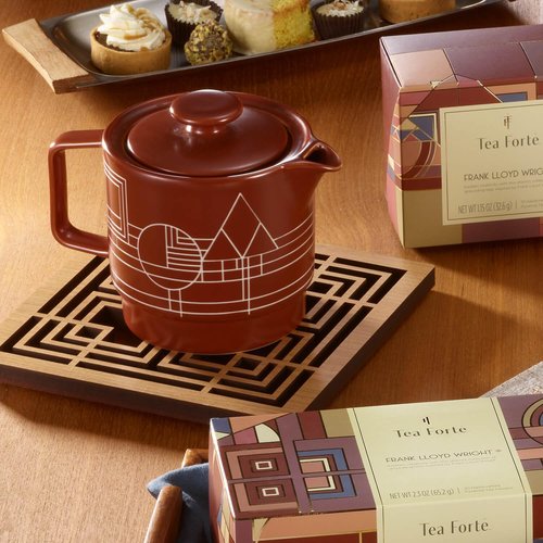 Tea Forte Terra Stoneware Teapot with Infuser and Lid, Frank Lloyd Wright, 20 oz. Sienna Stoneware Pot for Steeping Loose Leaf Tea, Dishwasher & Microwave Safe