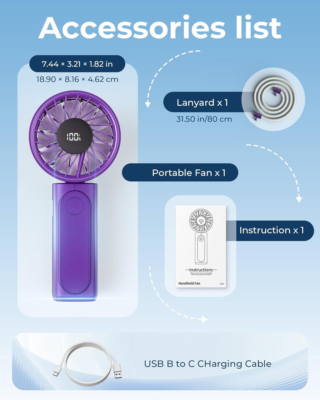 Peiyuu Portable Handheld Fan - 4000mAh USB Rechargeable Mini Desk Fan | 180° Foldable, 6 Speed, Ultra Quiet