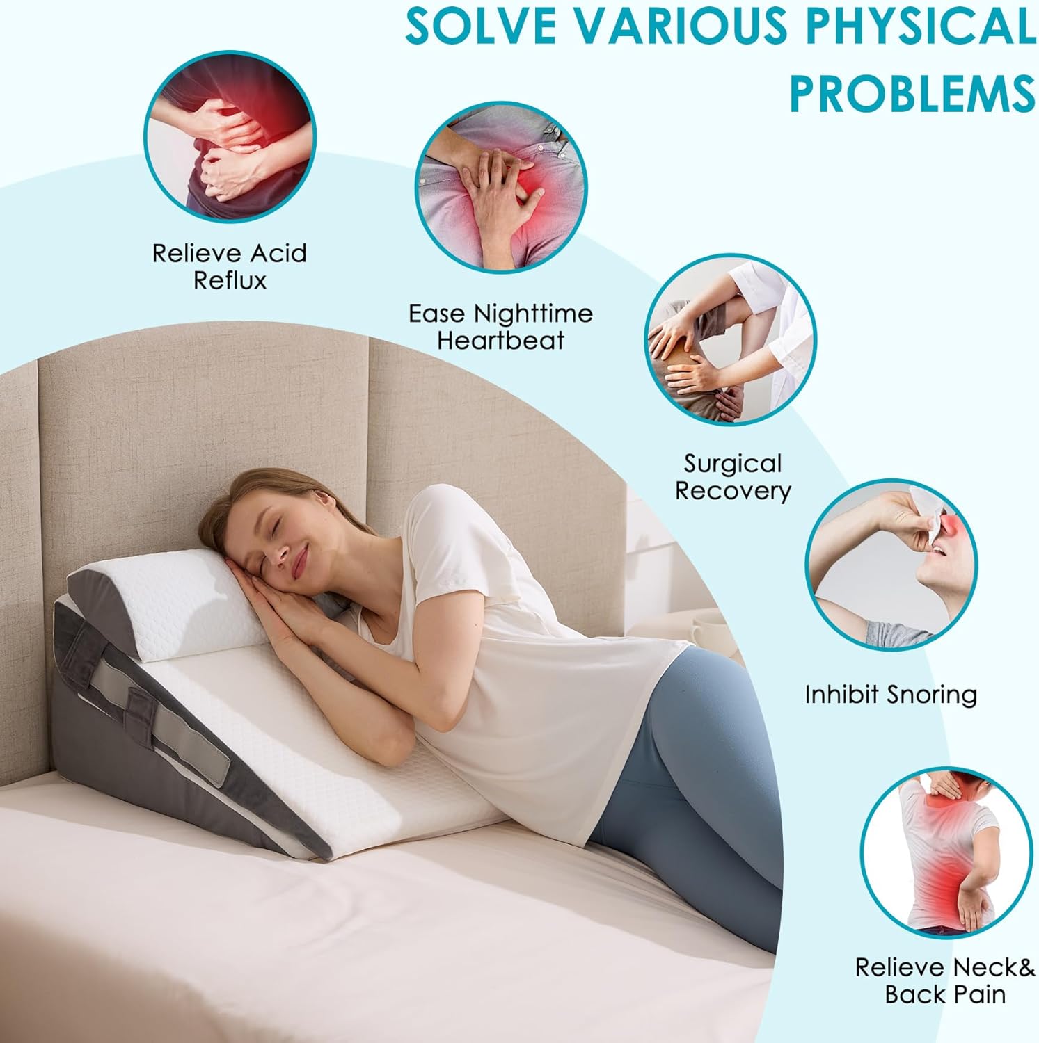 Skiennix Wedge Pillow Set - Adjustable Memory Foam for Acid Reflux Relief | 3-Piece White & Grey