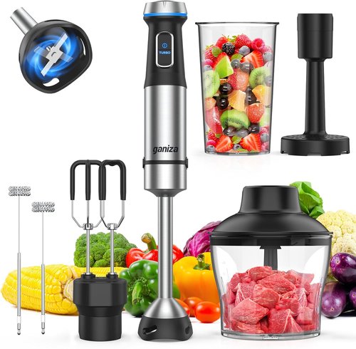 Ganiza Handheld Immersion Blender - 6-in-1 Electric Stick Blender with Stainless Steel Blade & 15 Speeds | Includes 800ml Beaker & 600ml Chopper