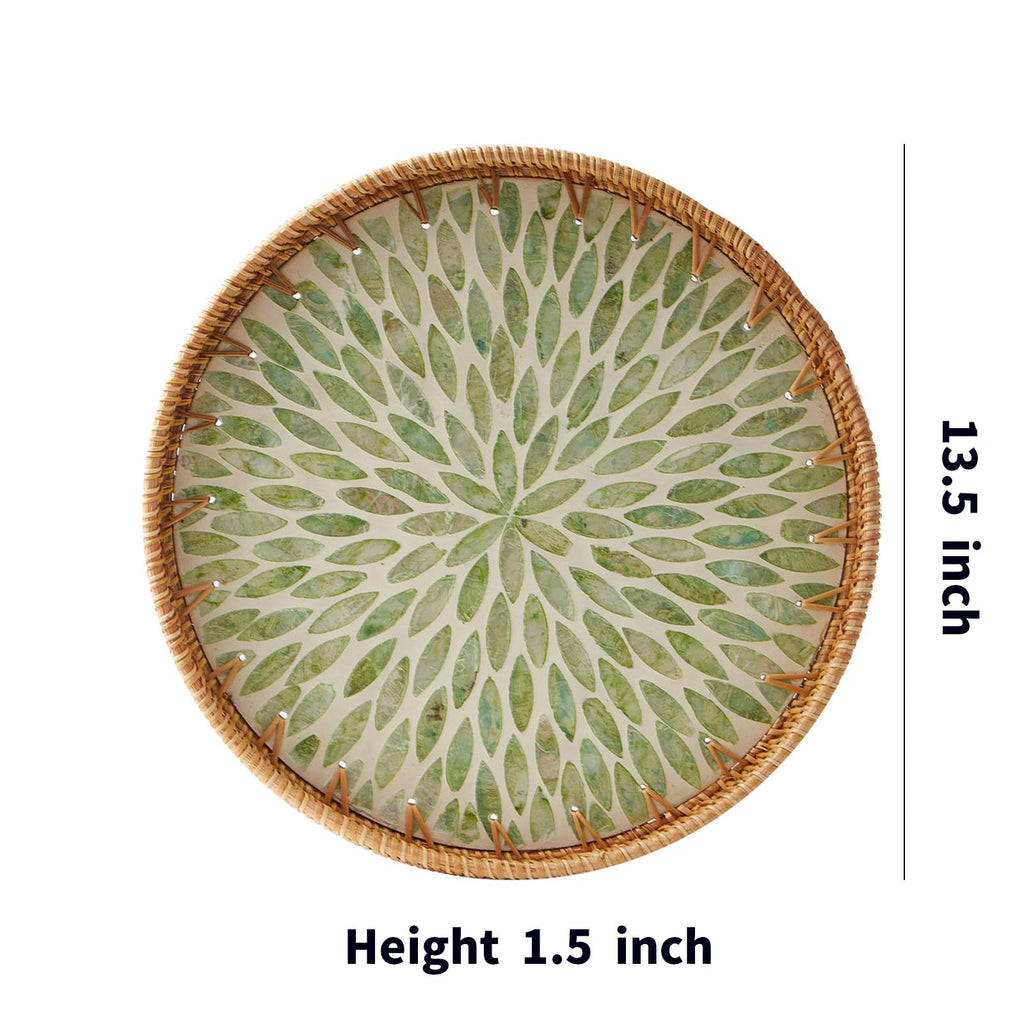 Round Rattan Tray with Mother of Pearl Inlay, Rattan Serving Tray with Wooden Base, Decorative Wicker Basket for Table Decor, Storage and Display of Coffee Bread Food Fruit (Leaf 13.5")